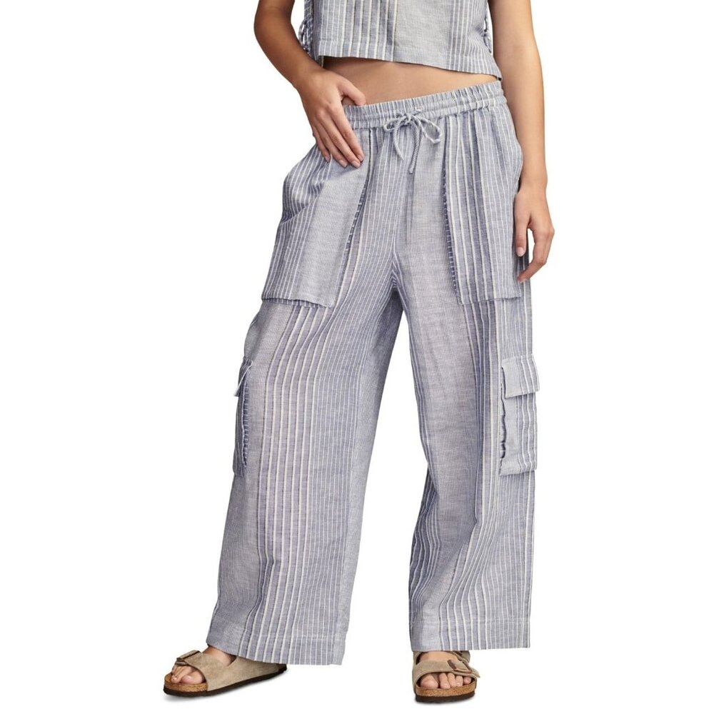 Lucky Brand Womens Drawstring Linen-Blend Blue Pants Stripe Size XL